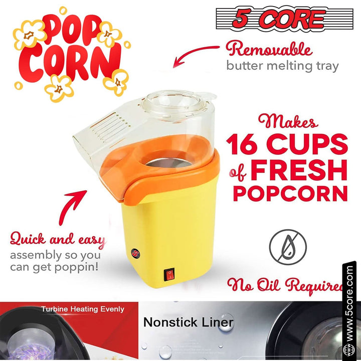 5Core Popcorn Machine 16 Cup Hot Air Popper Mini Portable Electric Pop