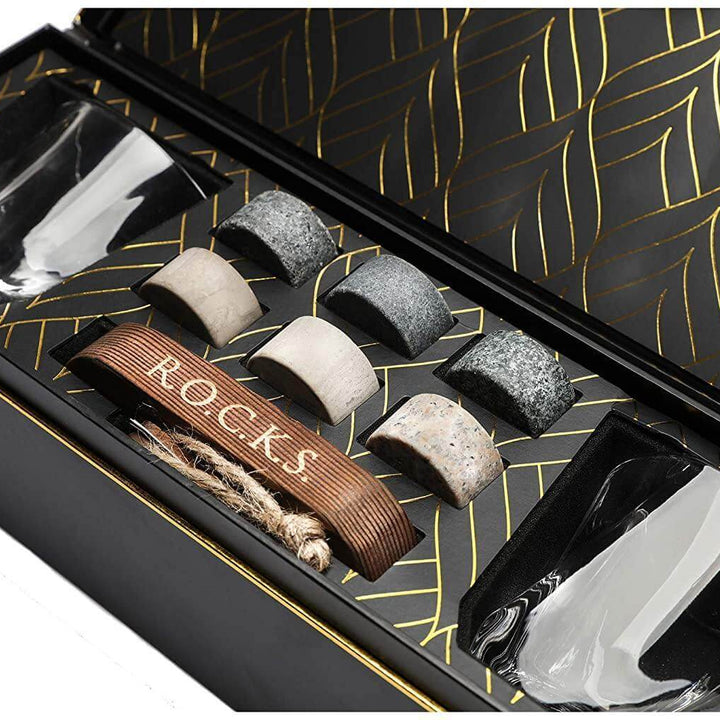 Whiskey Chilling Stones Gift Set With 2 Twist Crystal Glasses