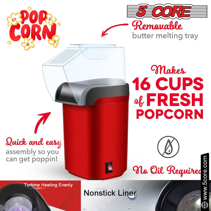 5Core Popcorn Machine 16 Cup Hot Air Popper Mini Portable Electric Pop