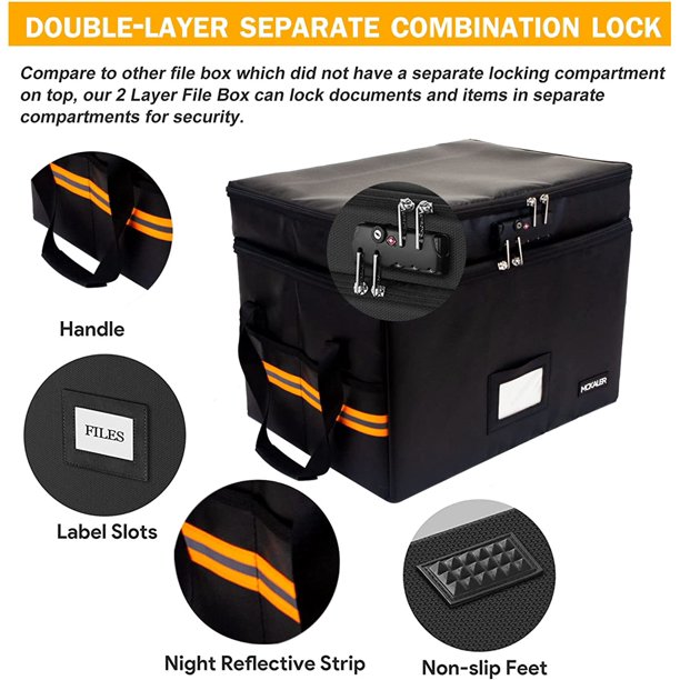 Fireproof Document Box with Lock, 2 Layer Mult-Pockets